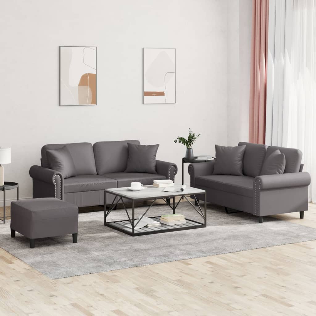 3-tlg. Sofagarnitur mit Kissen Grau Kunstleder