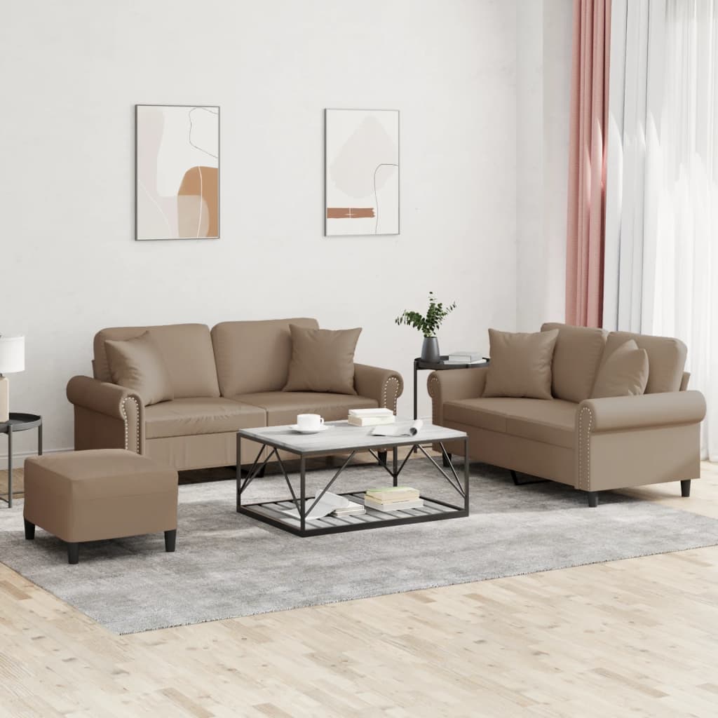3-tlg. Sofagarnitur mit Kissen Cappuccino-Braun Kunstleder