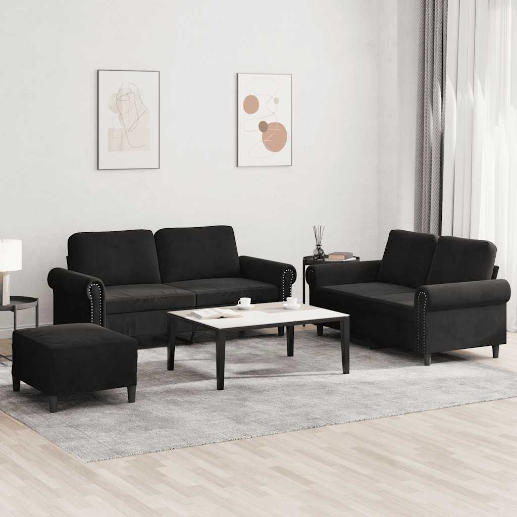 3-tlg. Sofagarnitur mit Kissen Schwarz Samt