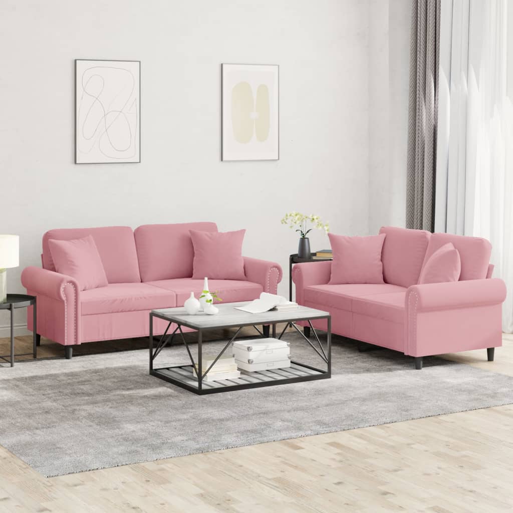 2-tlg. Sofagarnitur mit Kissen Rosa Samt