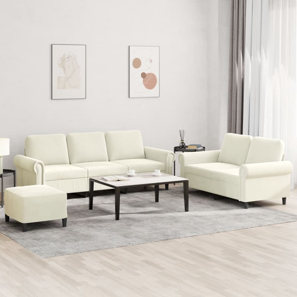 3-tlg. Sofagarnitur mit Kissen Creme Samt