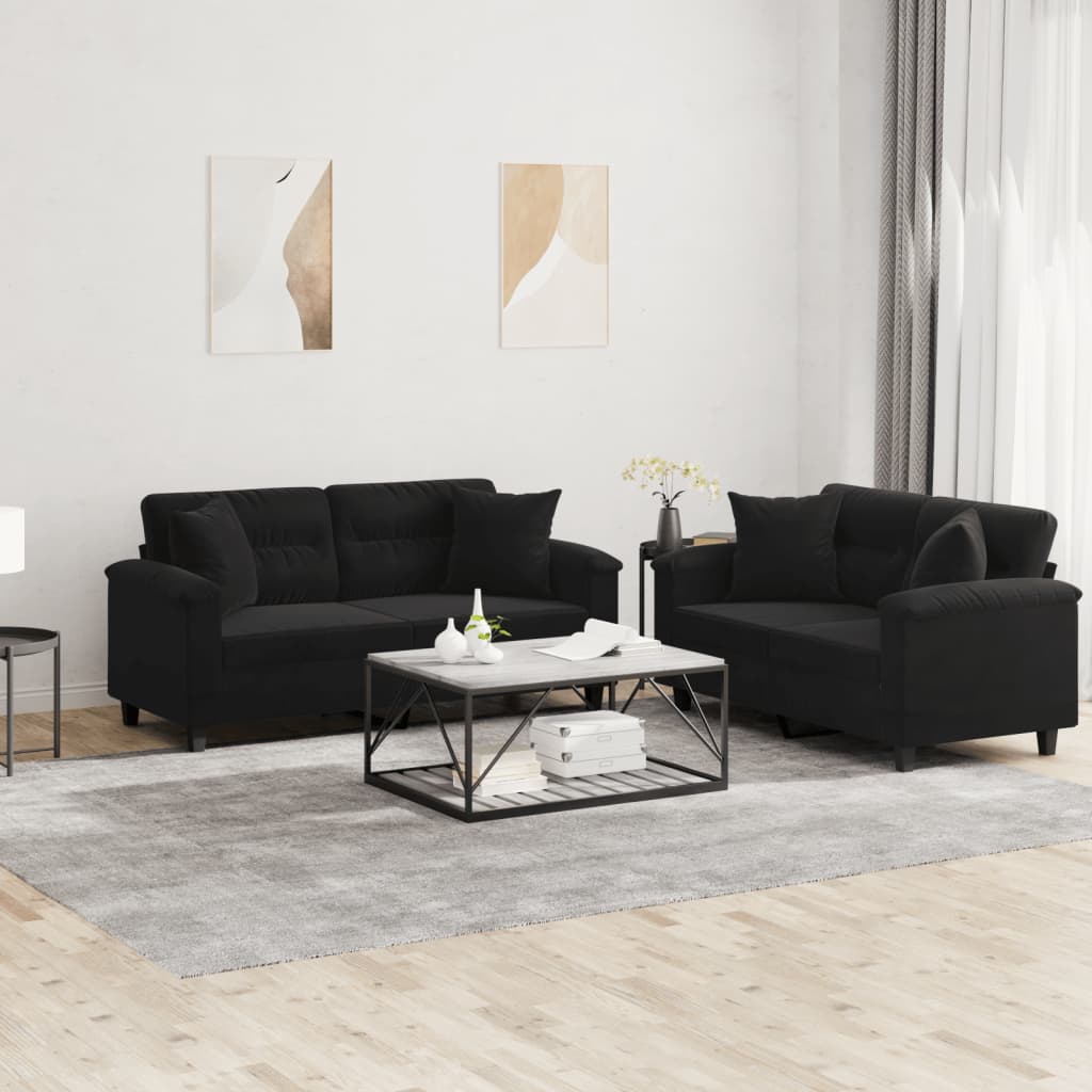 2-tlg. Sofagarnitur mit Kissen Schwarz Mikrofasergewebe