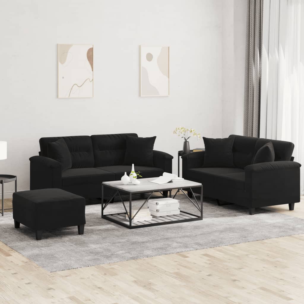 3-tlg. Sofagarnitur mit Kissen Schwarz Mikrofasergewebe