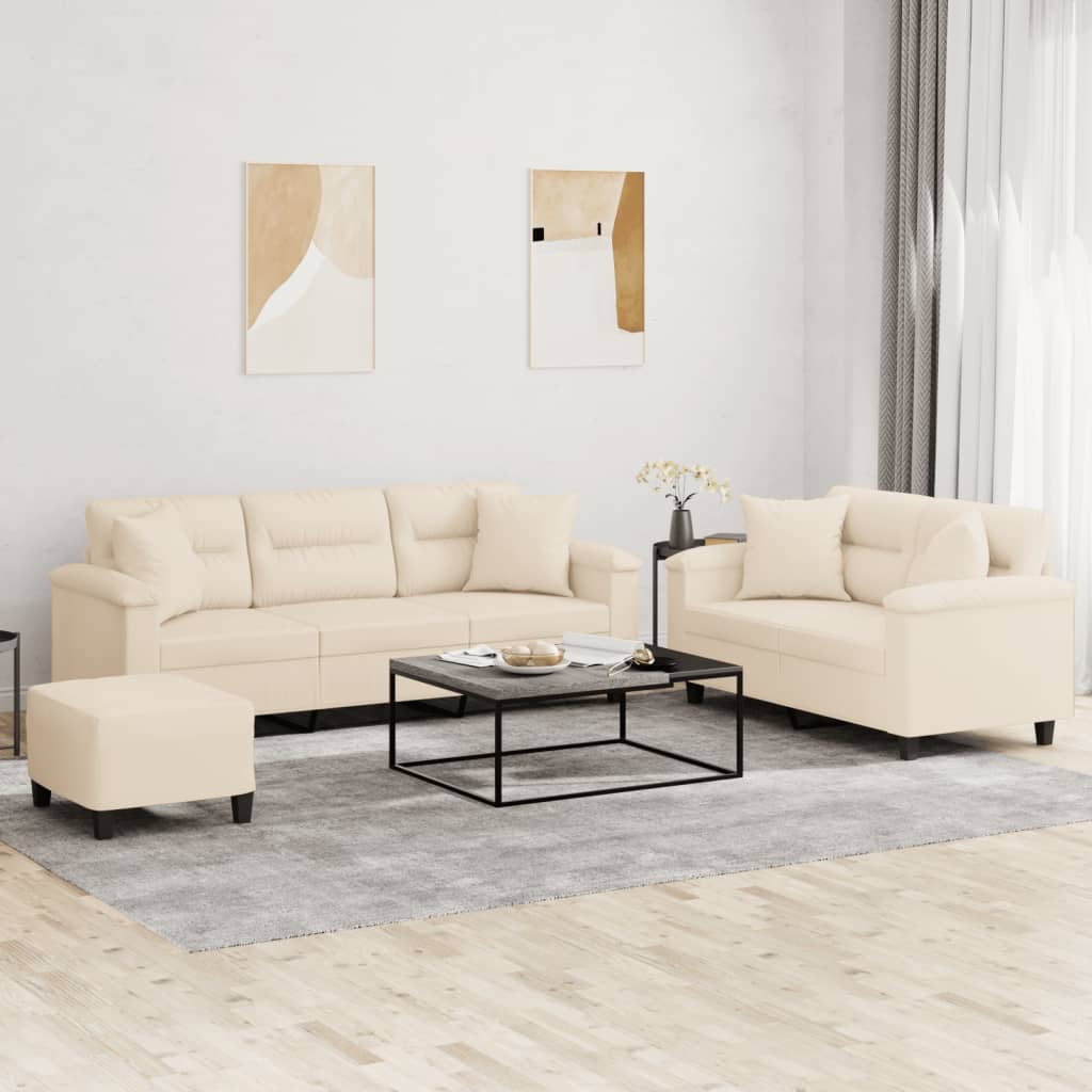 3-tlg. Sofagarnitur mit Kissen Beige Mikrofasergewebe