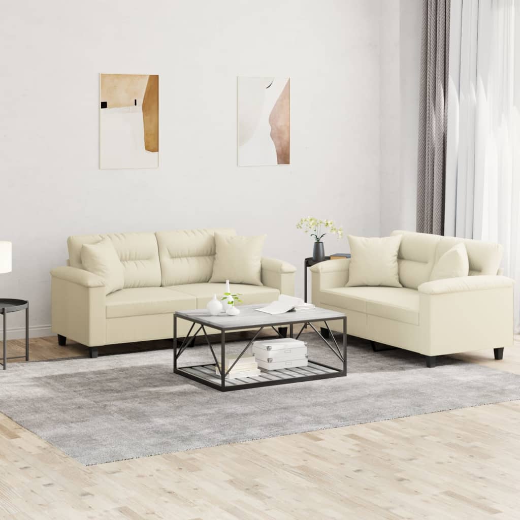 2-tlg. Sofagarnitur mit Kissen Creme Kunstleder