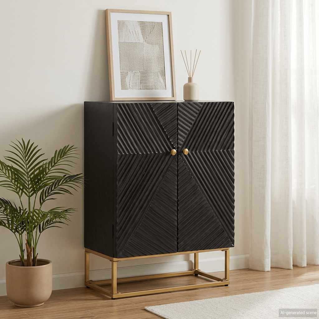 Sideboard Schwarz 55x30x76 cm Massivholz Mango und Eisen