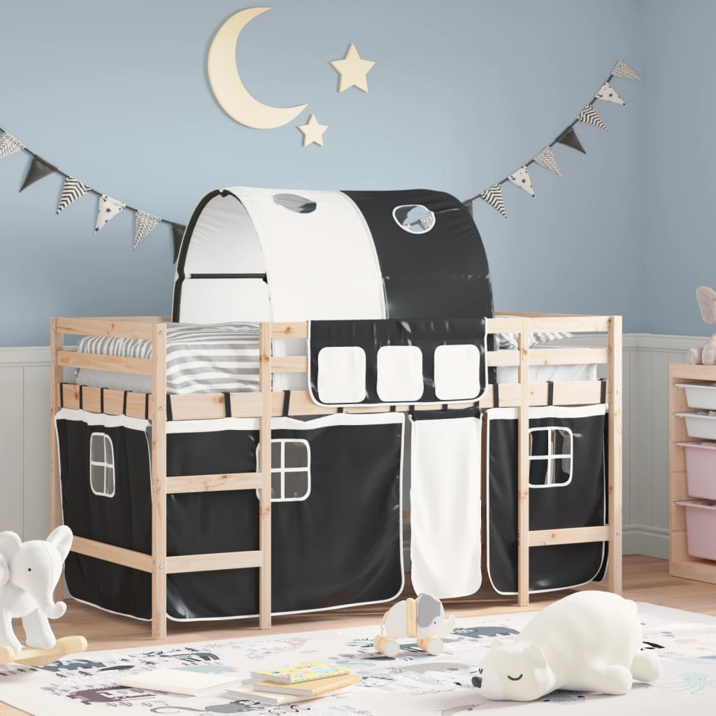 Kinderhochbett mit Tunnel Weiß & Schwarz 80x200 cm Kiefernholz