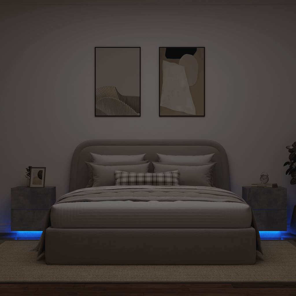 Nachttische mit LED-Leuchten 2 Stk. Betongrau Holzwerkstoff