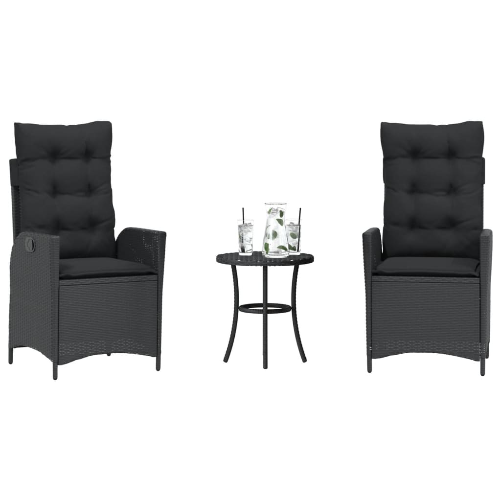 3-tlg. Bistro-Set mit Kissen Schwarz Poly Rattan