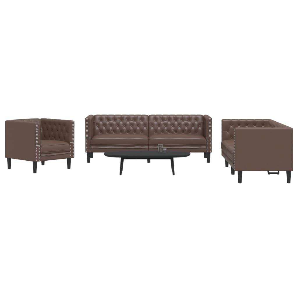 3-tlg. Chesterfield-Sofa-Set Braun Kunstleder