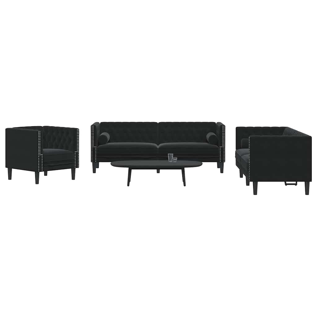 3-tlg. Chesterfield-Sofa-Set mit Nackenrollen Schwarz Samt