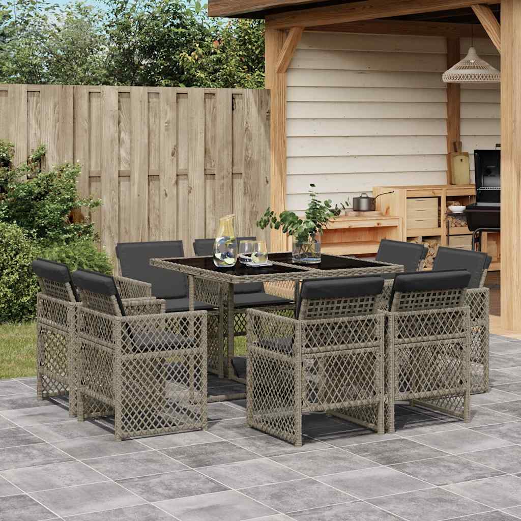 9-tlg. Garten-Essgruppe mit Kissen Grau Poly Rattan