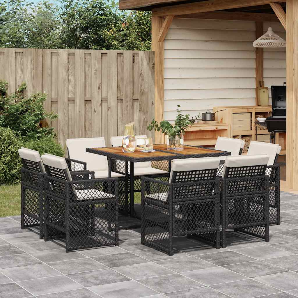 9-tlg. Garten-Essgruppe mit Kissen Schwarz Poly Rattan