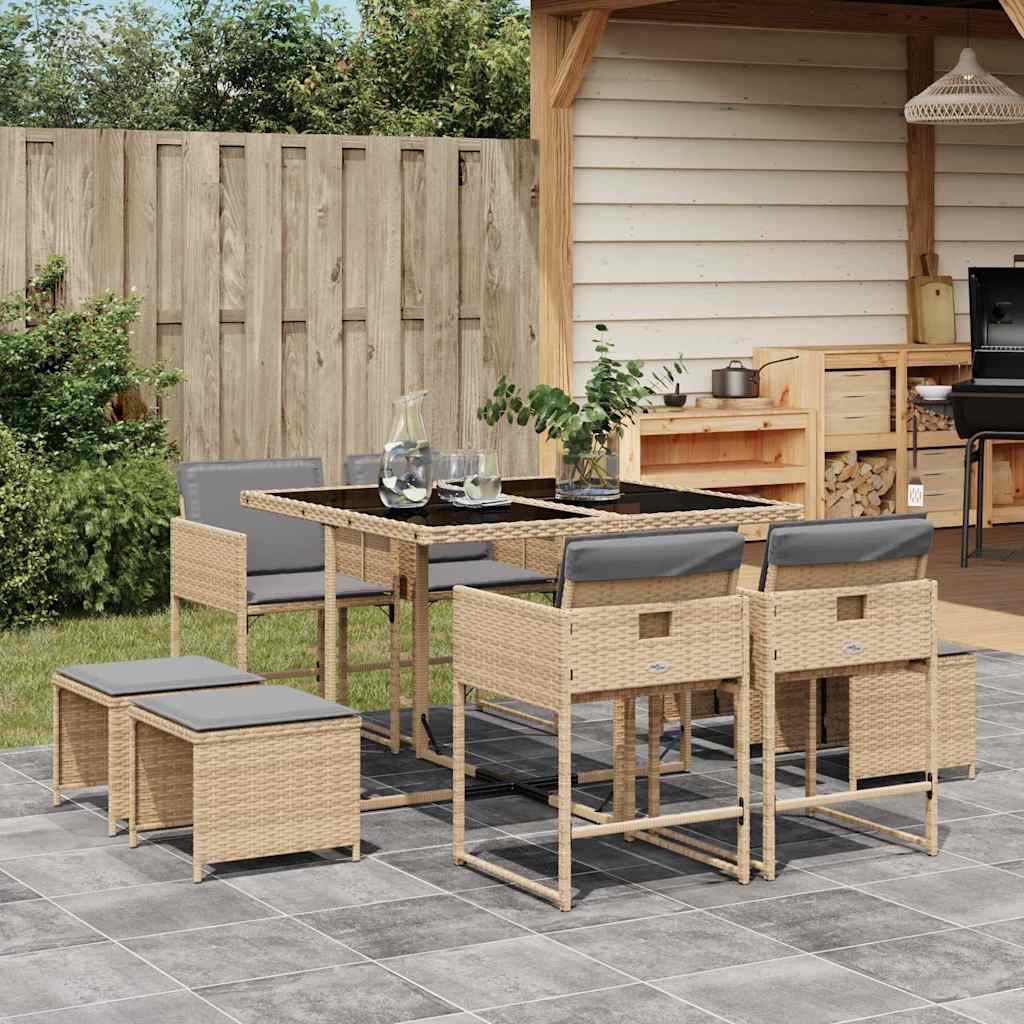 9-tlg. Garten-Essgruppe mit Kissen Beigemischung Poly Rattan