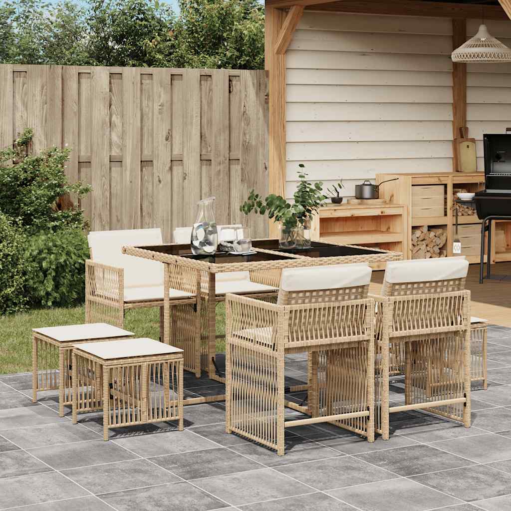 9-tlg. Garten-Essgruppe mit Kissen Beige Poly Rattan