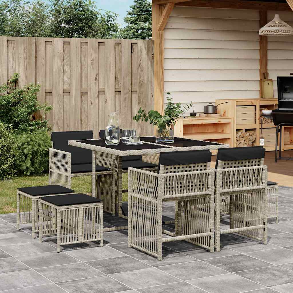 9-tlg. Garten-Essgruppe mit Kissen Hellgrau Poly Rattan