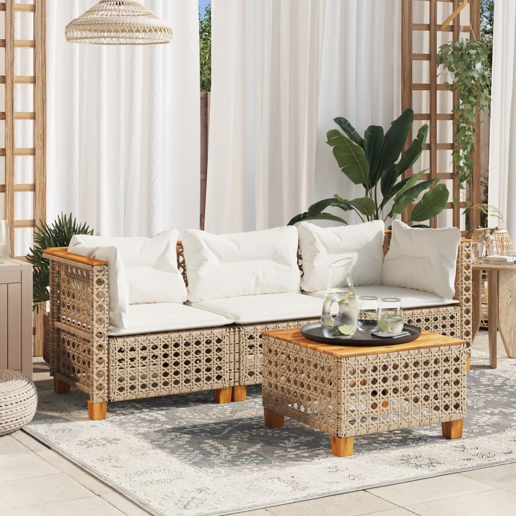 Gartensofa mit Kissen 3-Sitzer Beige Poly Rattan