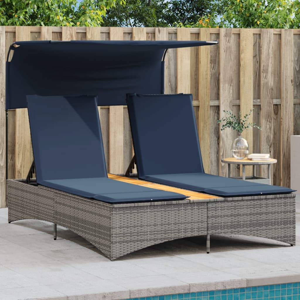 Doppel-Sonnenliege mit Dach und Kissen Grau Poly Rattan