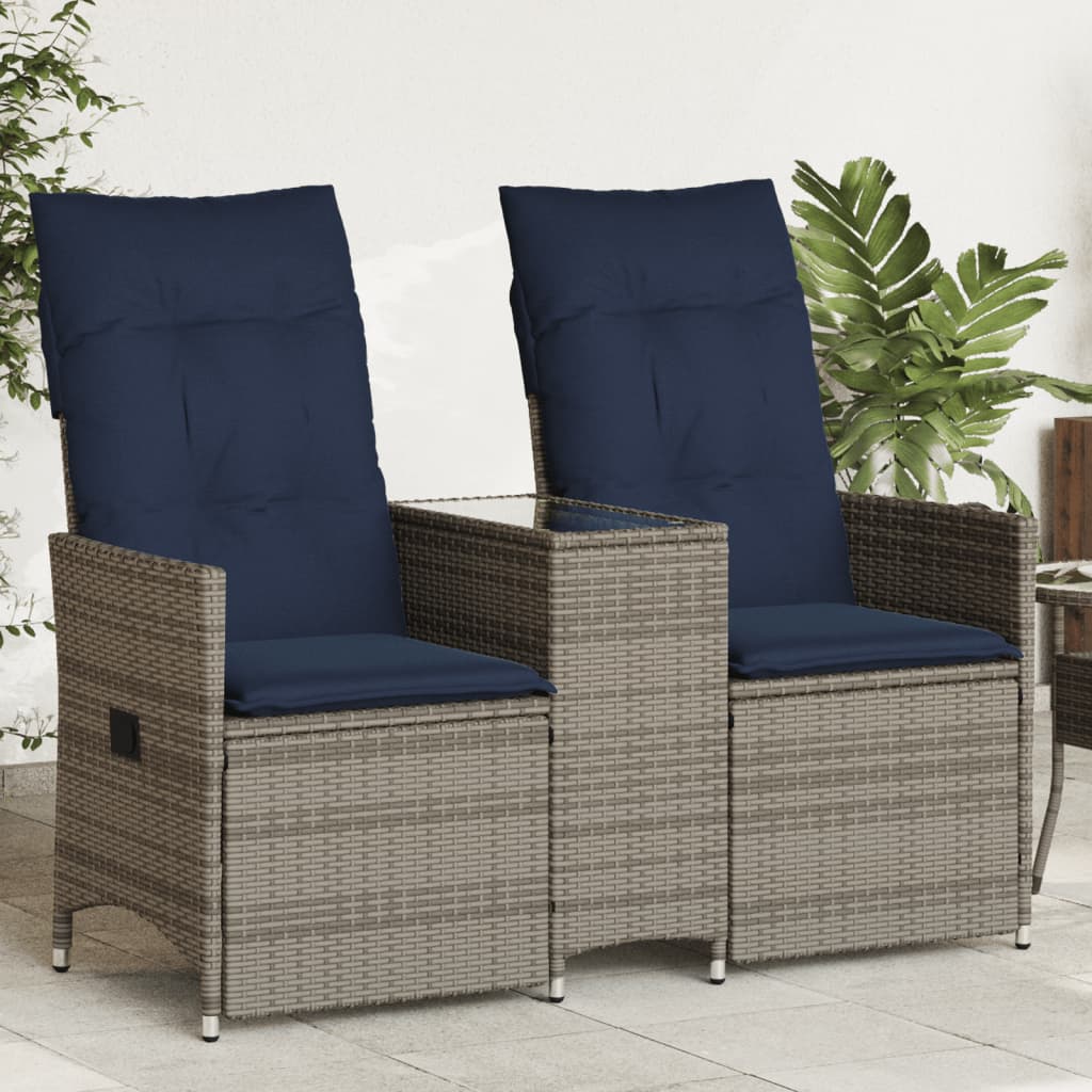 Gartensofa Verstellbar 2-Sitzer mit Tisch Grau Poly Rattan
