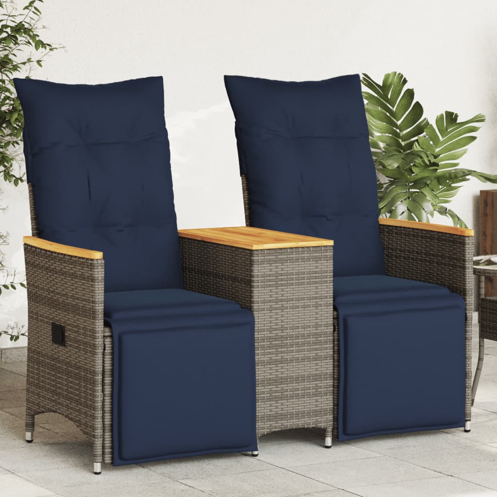 Gartensofa Verstellbar 2-Sitzer mit Tisch Grau Poly Rattan