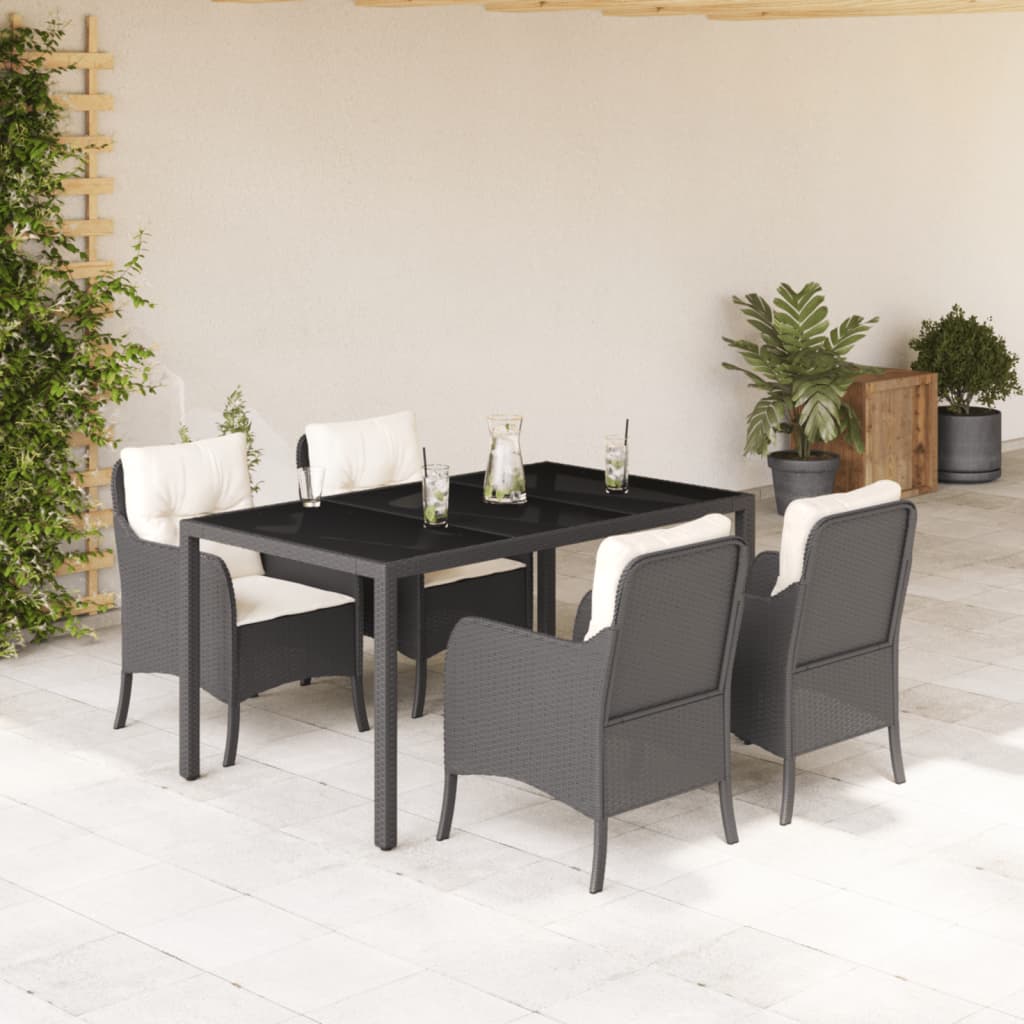 5-tlg. Garten-Essgruppe mit Kissen Schwarz Poly Rattan