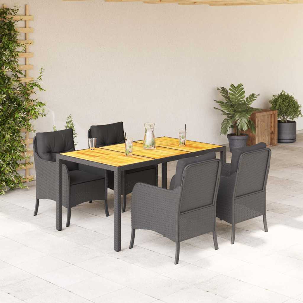 5-tlg. Garten-Essgruppe mit Kissen Schwarz Poly Rattan