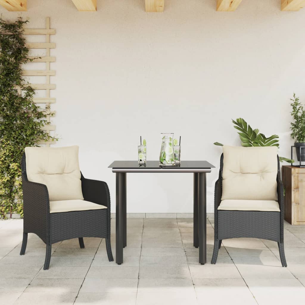 3-tlg. Garten-Essgruppe mit Kissen Schwarz Poly Rattan