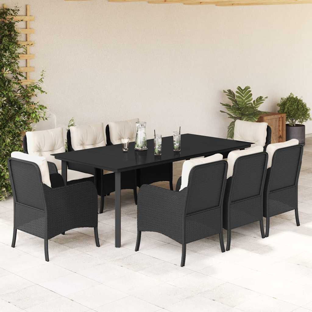 9-tlg. Garten-Essgruppe mit Kissen Schwarz Poly Rattan