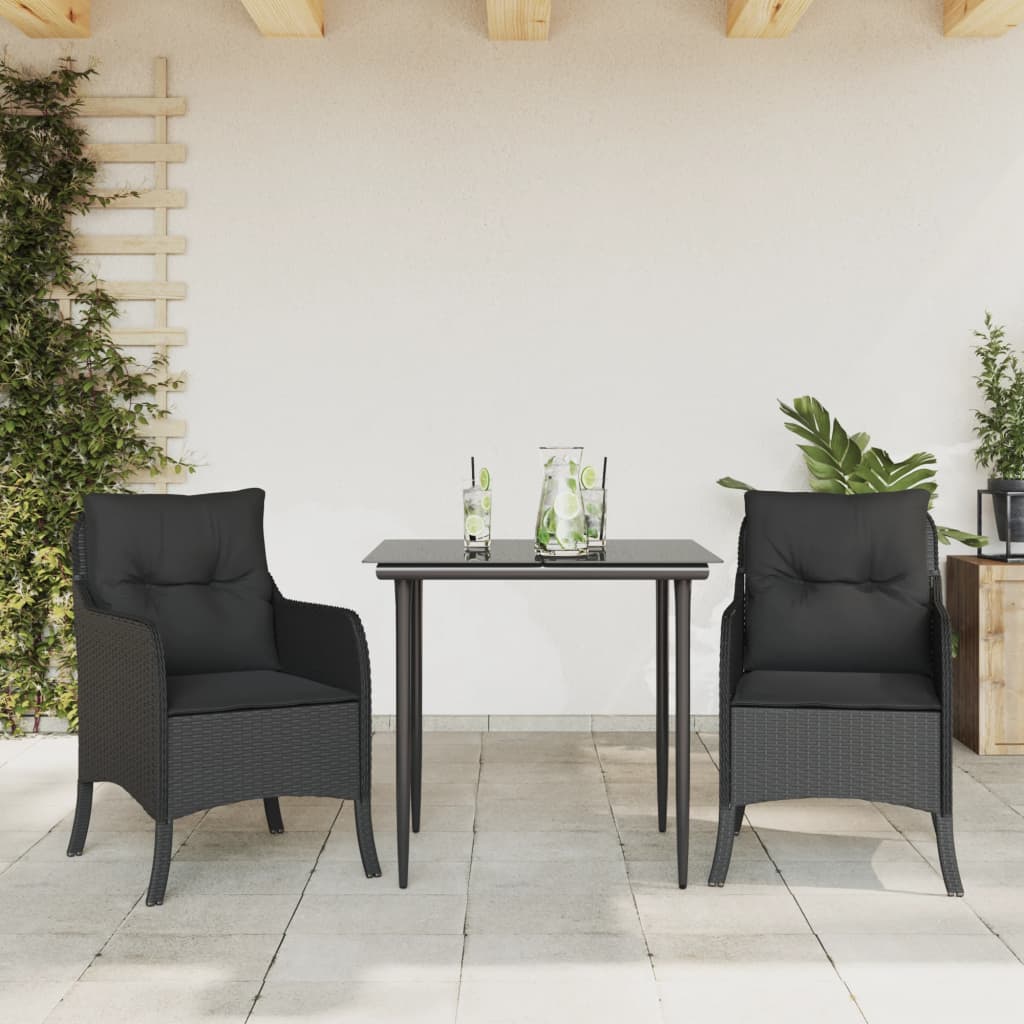 3-tlg. Garten-Essgruppe mit Kissen Schwarz Poly Rattan