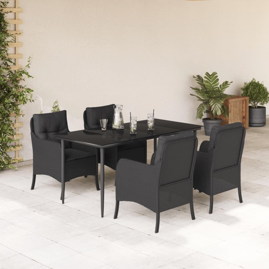 5-tlg. Garten-Essgruppe mit Kissen Schwarz Poly Rattan