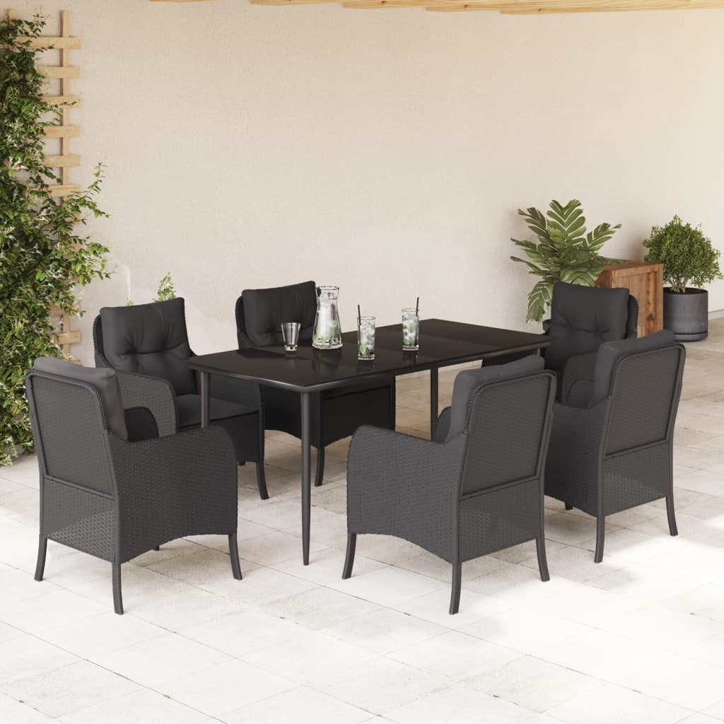 7-tlg. Garten-Essgruppe mit Kissen Schwarz Poly Rattan