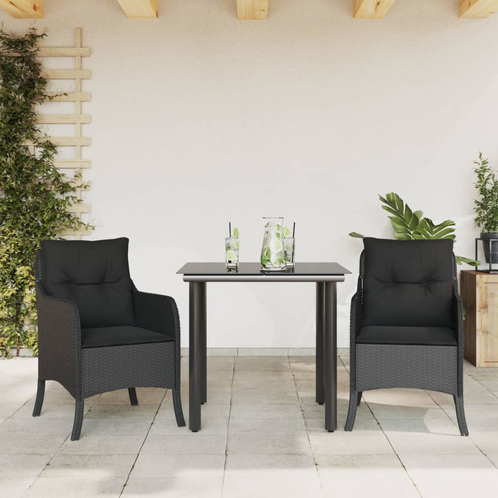 3-tlg. Garten-Essgruppe mit Kissen Schwarz Poly Rattan