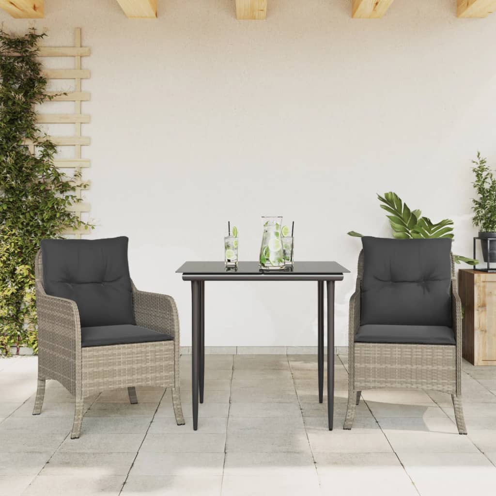 3-tlg. Garten-Essgruppe mit Kissen Hellgrau Poly Rattan