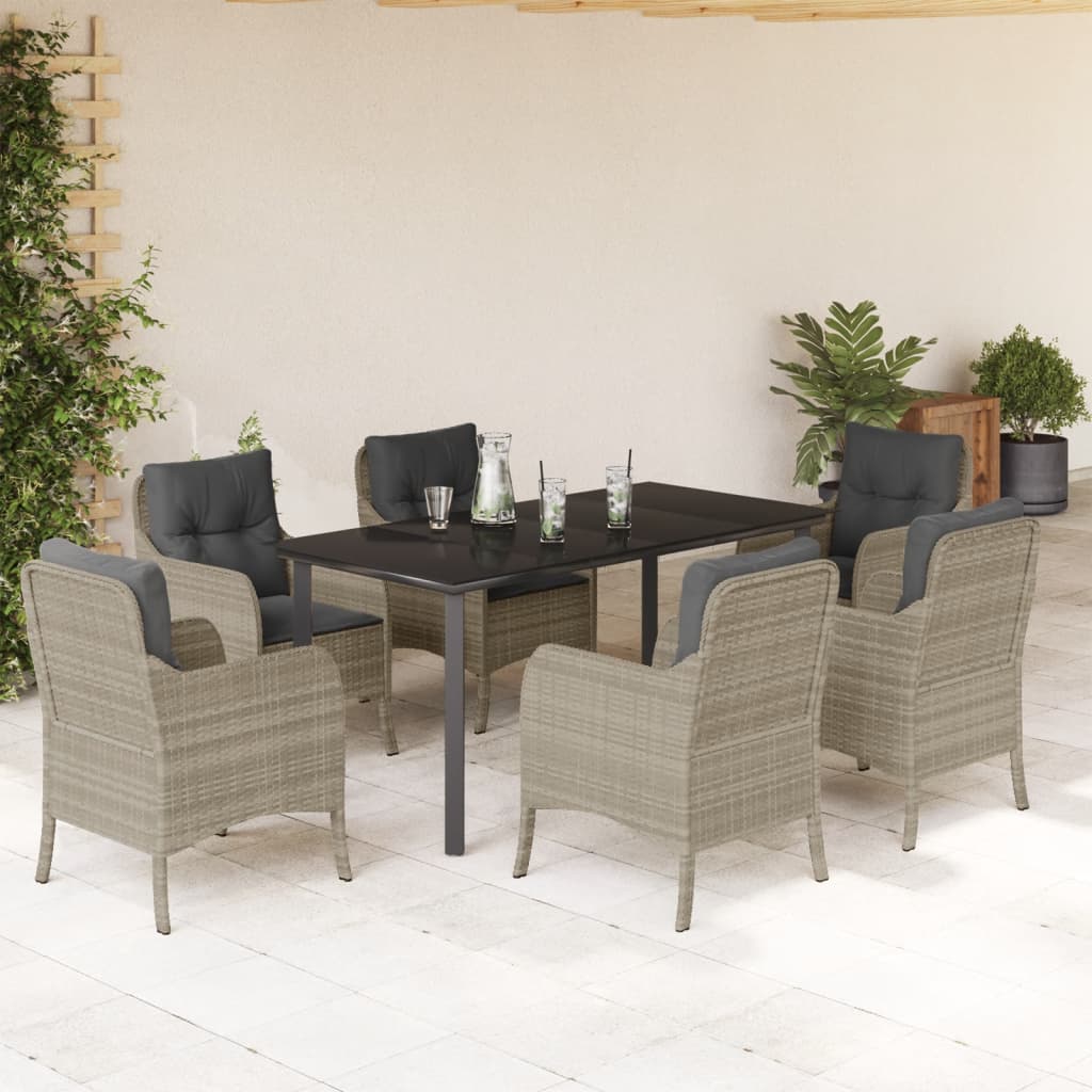 7-tlg. Garten-Essgruppe mit Kissen Hellgrau Poly Rattan