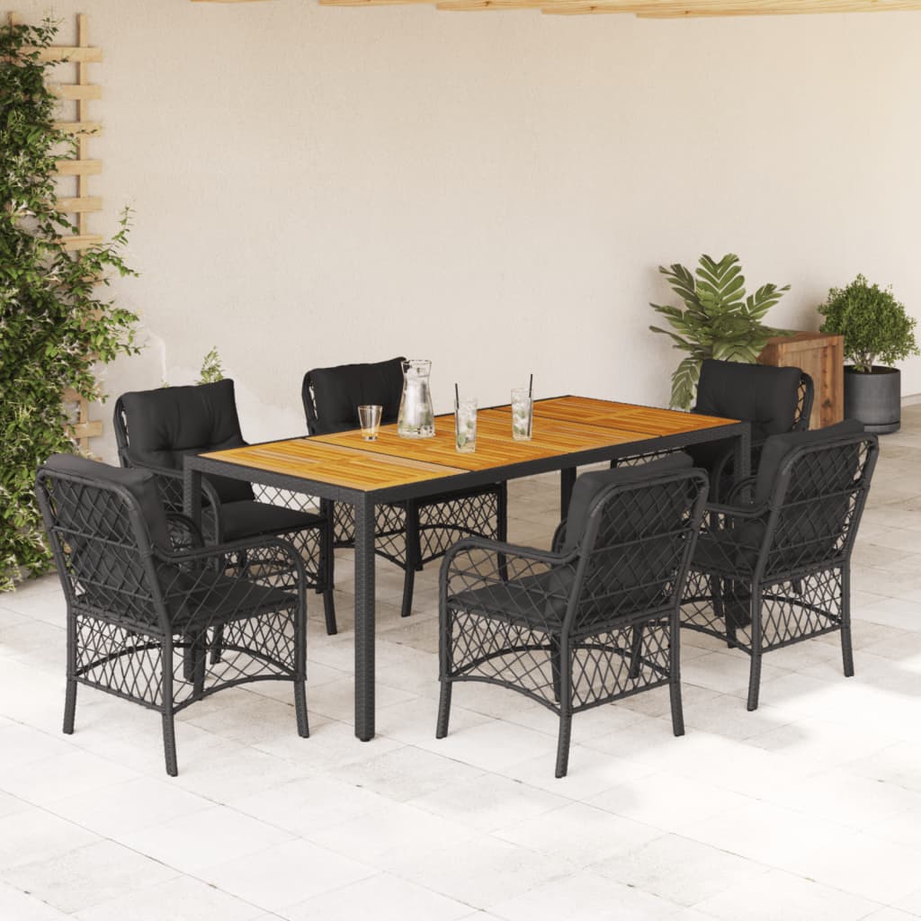 7-tlg. Garten-Essgruppe mit Kissen Schwarz Poly Rattan