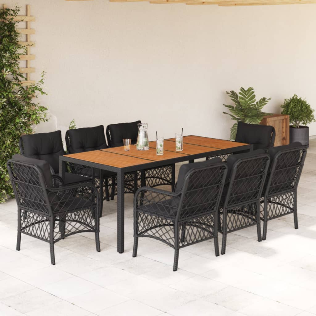 9-tlg. Garten-Essgruppe mit Kissen Schwarz Poly Rattan