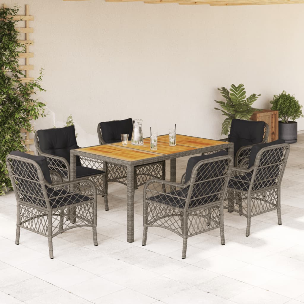 7-tlg. Garten-Essgruppe mit Kissen Grau Poly Rattan