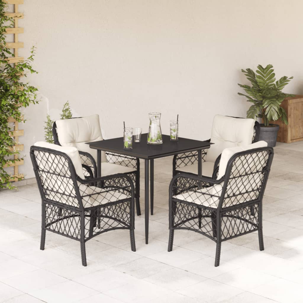 5-tlg. Garten-Essgruppe mit Kissen Schwarz Poly Rattan