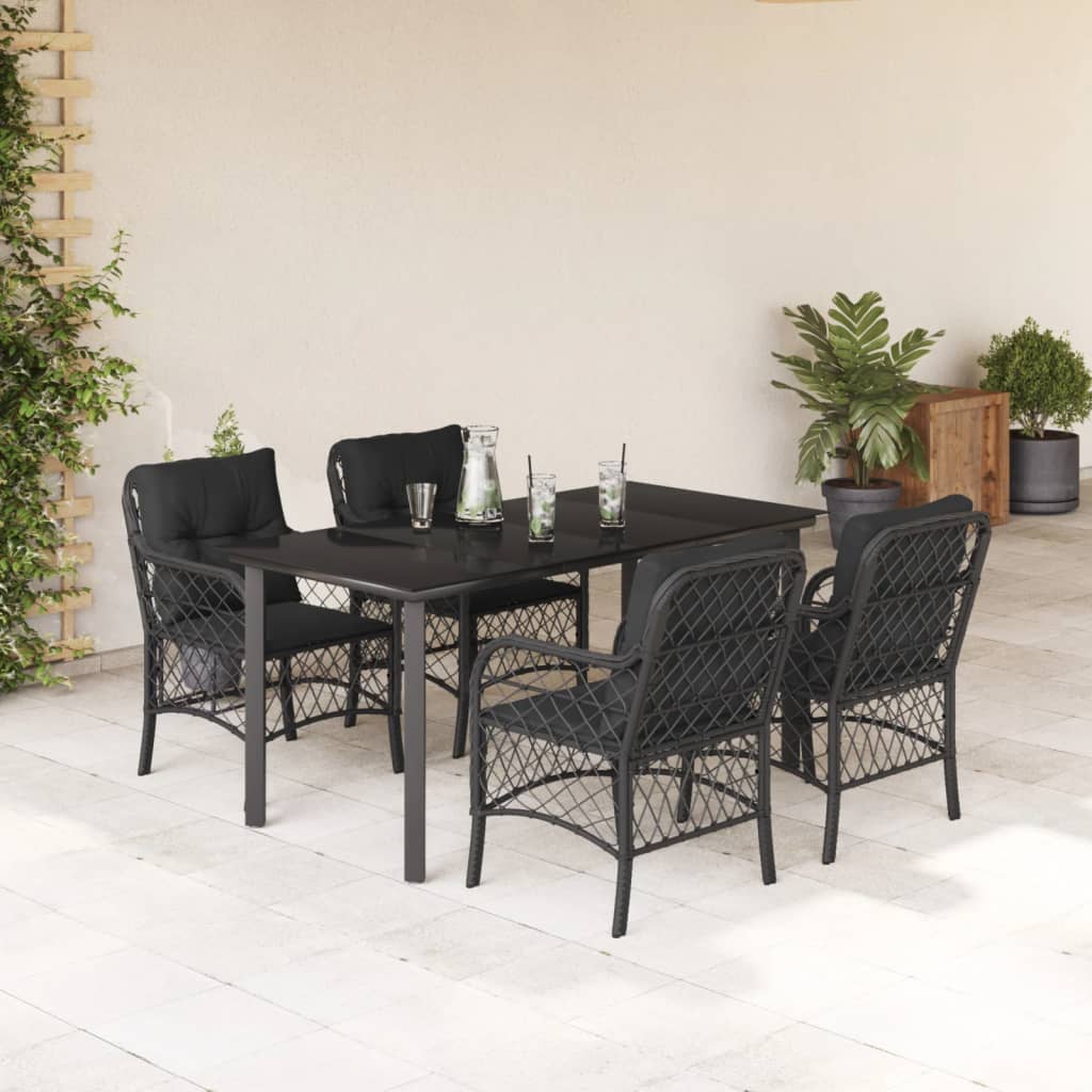 5-tlg. Garten-Essgruppe mit Kissen Schwarz Poly Rattan