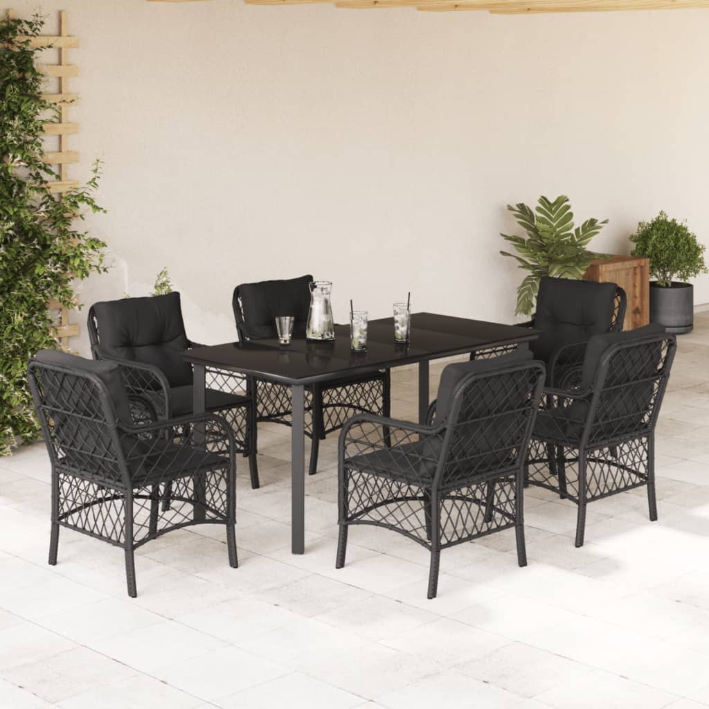 7-tlg. Garten-Essgruppe mit Kissen Schwarz Poly Rattan