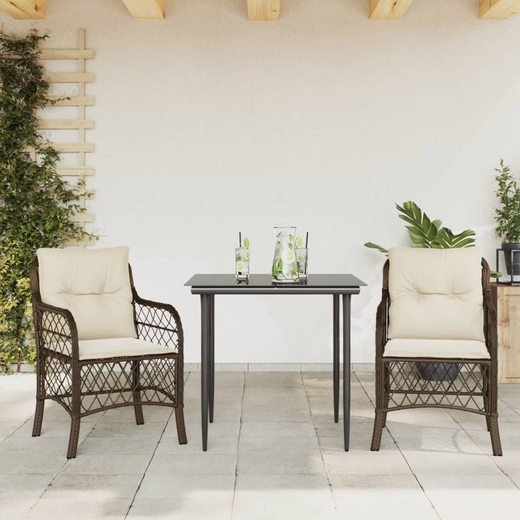 3-tlg. Bistro-Set mit Kissen Braun Poly Rattan