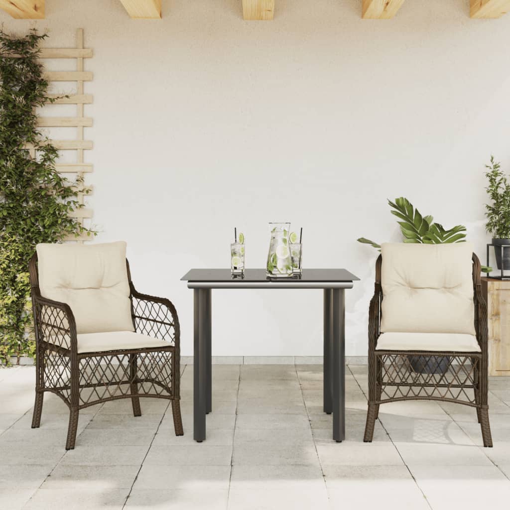 3-tlg. Bistro-Set mit Kissen Braun Poly Rattan