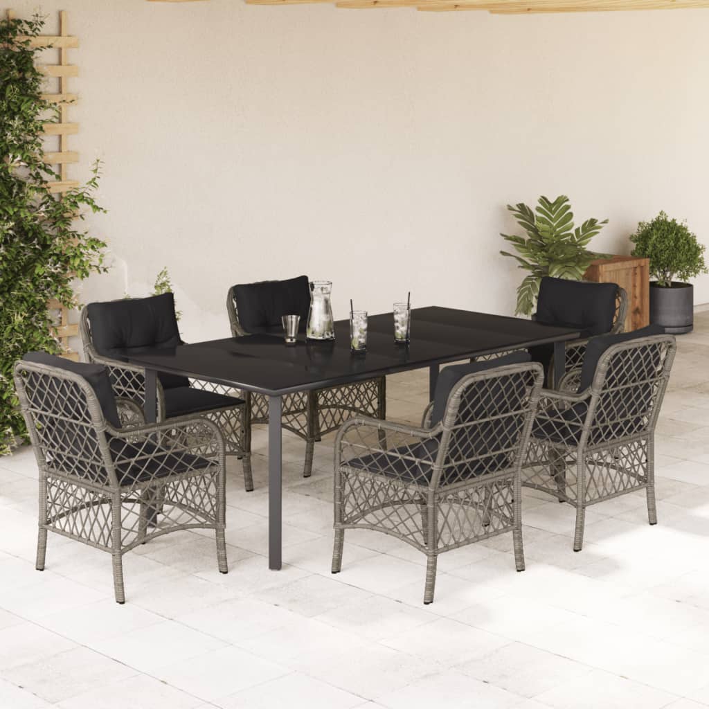 7-tlg. Garten-Essgruppe mit Kissen Grau Poly Rattan