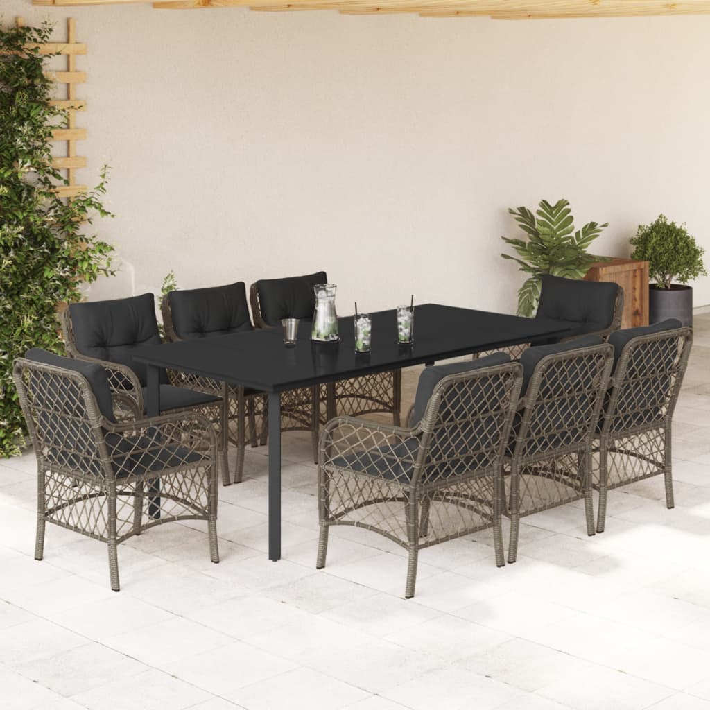 9-tlg. Garten-Essgruppe mit Kissen Grau Poly Rattan