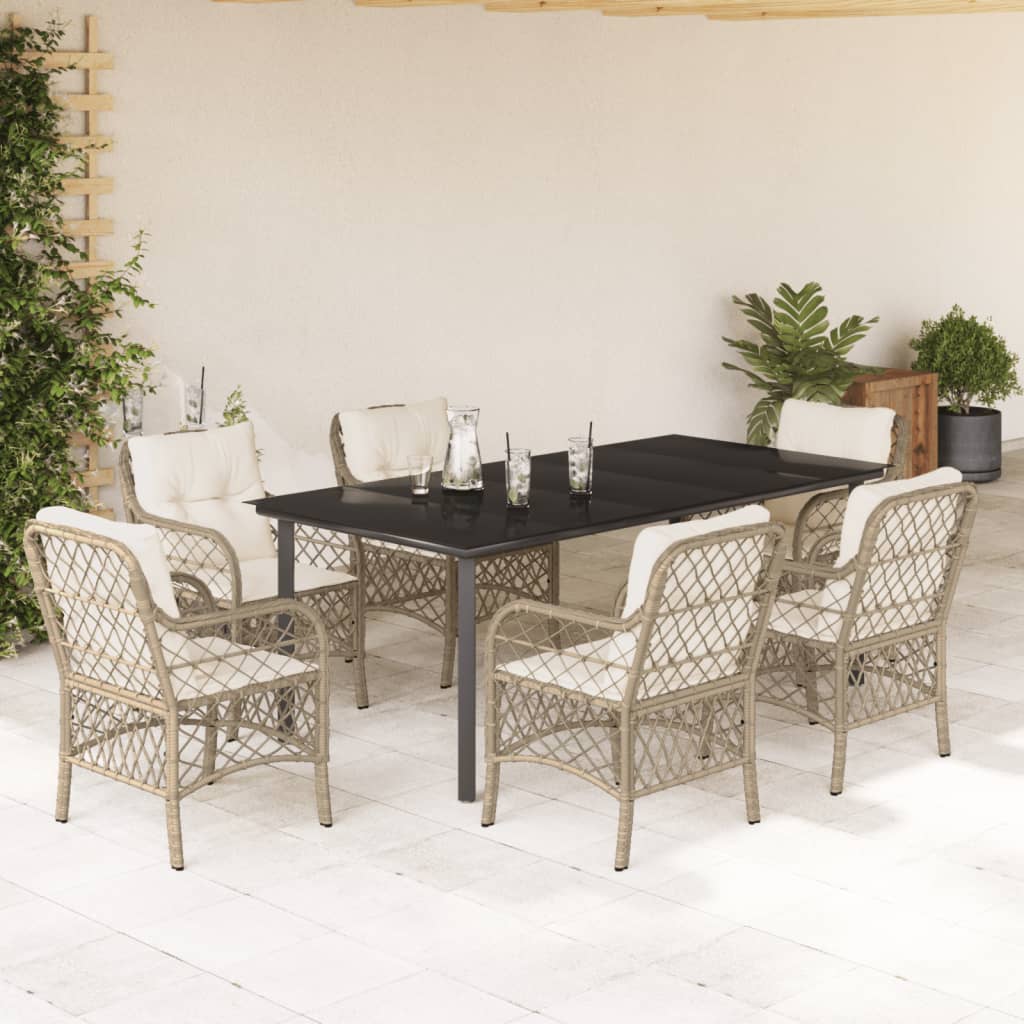 7-tlg. Garten-Essgruppe mit Kissen Beige Poly Rattan