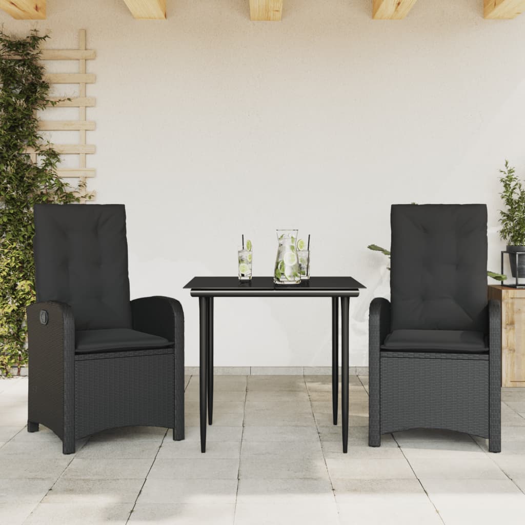 3-tlg. Garten-Essgruppe mit Kissen Schwarz Poly Rattan