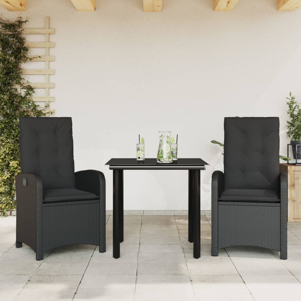 3-tlg. Garten-Essgruppe mit Kissen Schwarz Poly Rattan