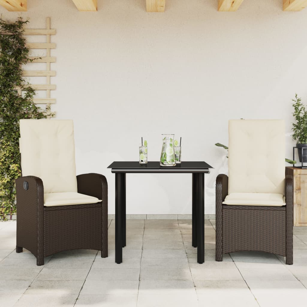 3-tlg. Garten-Essgruppe mit Kissen Braun Poly Rattan