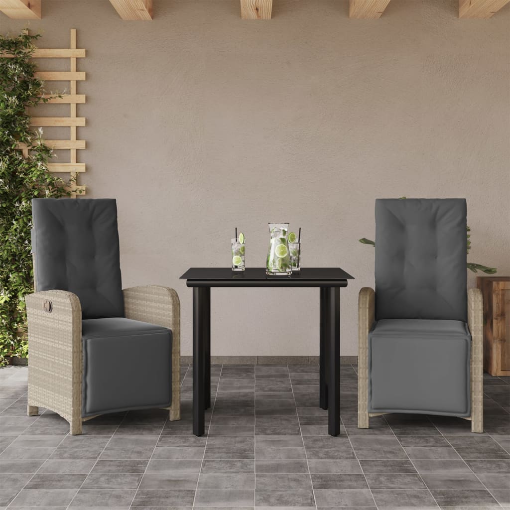 3-tlg. Bistro-Set mit Kissen Hellgrau Poly Rattan