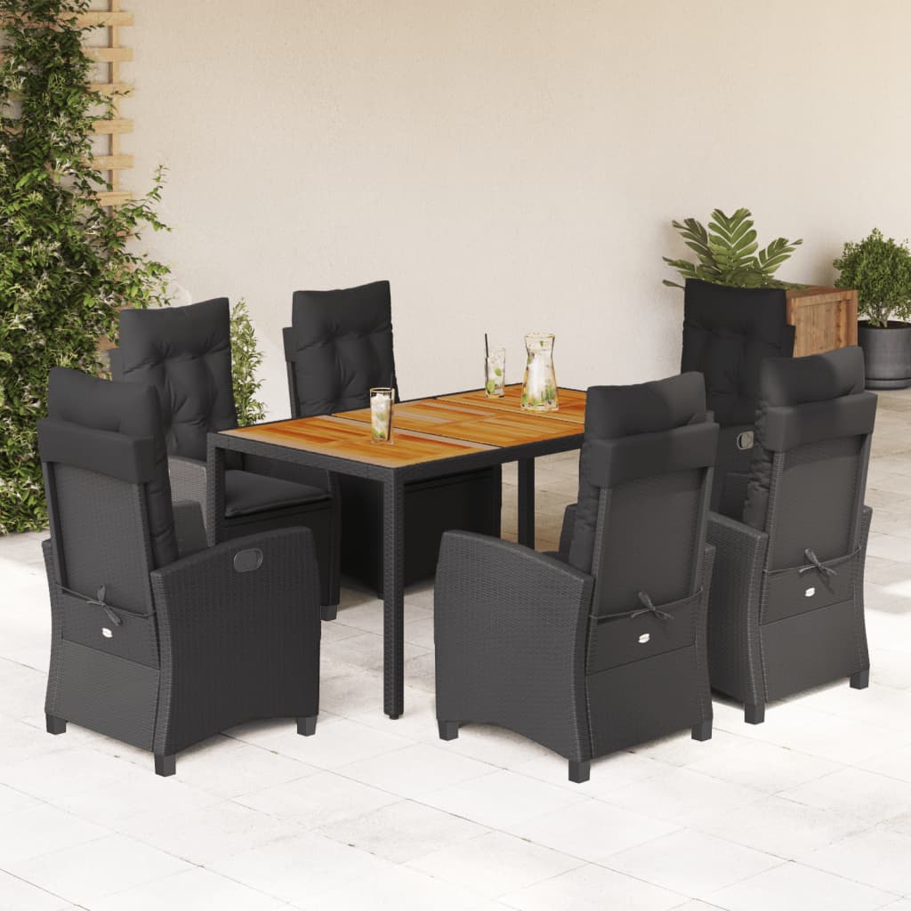 7-tlg. Garten-Essgruppe mit Kissen Schwarz Poly Rattan